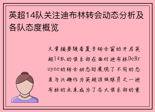 英超14队关注迪布林转会动态分析及各队态度概览